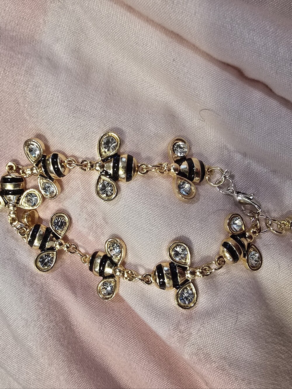 Gold Bee Charm Bracelet with Black Enamel and Crystal Accents